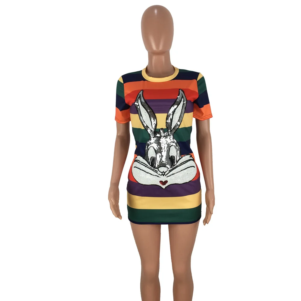 Wholesale 24$ for 3 pieces OEM ODM MD8203 women fashion striped cartoon sequins bandage bodycon mini dress