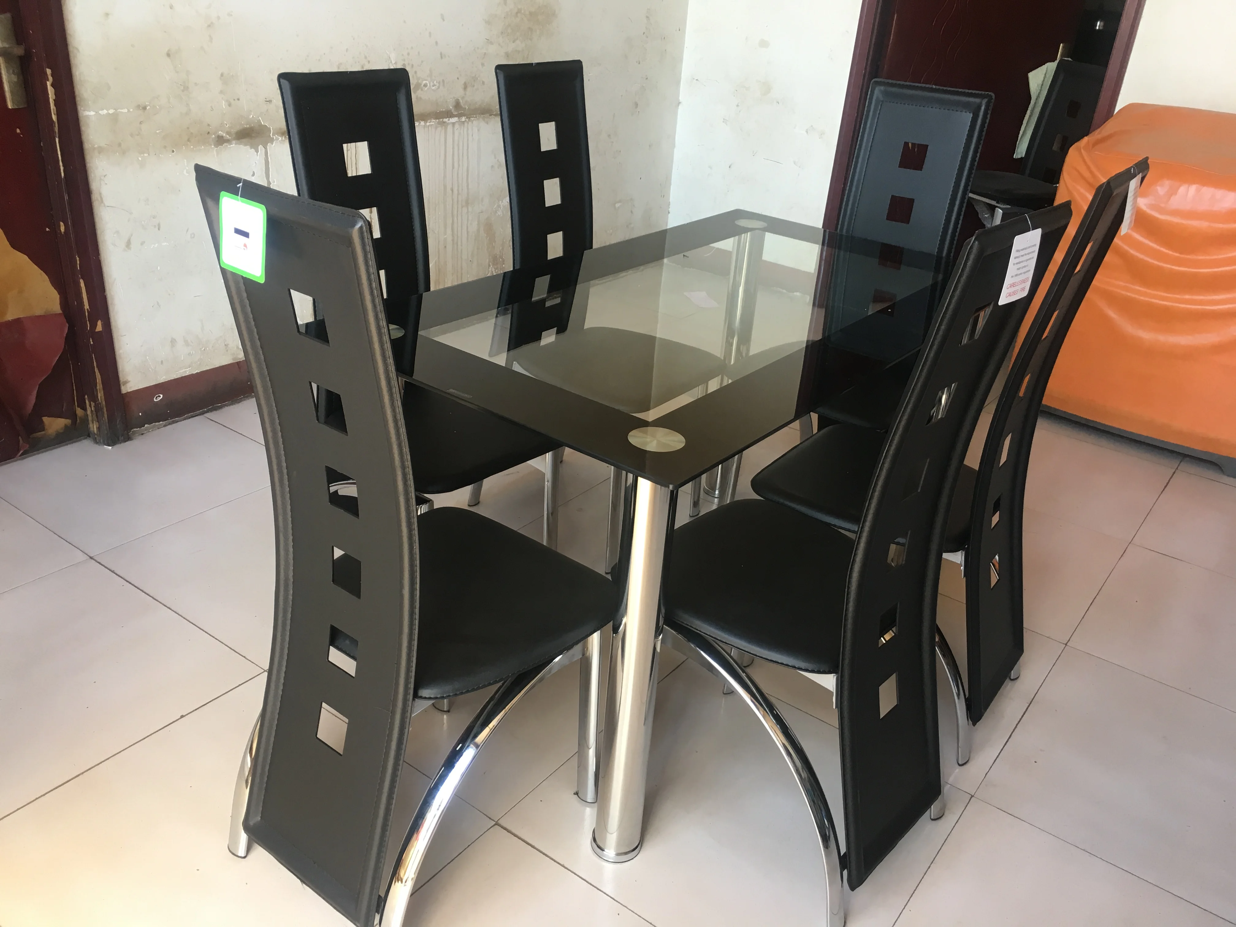 
Modern Furniture Glass Kitchen Dining Dinette Top Dining Set 6 Person Dining Table and Chairs Set 