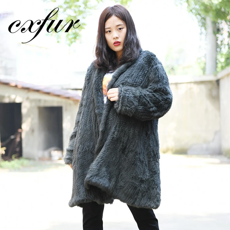 CX-G-A-139B Women European Style Long Hand Knitted Rabbit Fur Coat