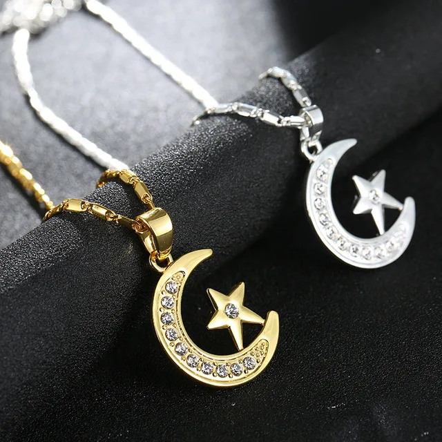 Fashion Muslim Crescent Pendant Necklace Silver/Gold Color Cubic Zirconia CZ Islam Moon Star Jewelry Women Gift Drop Shipping