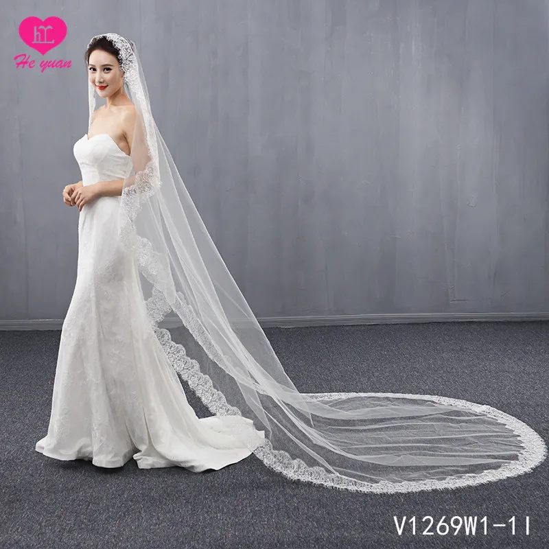 V1269W1-1 church long veil lace trim