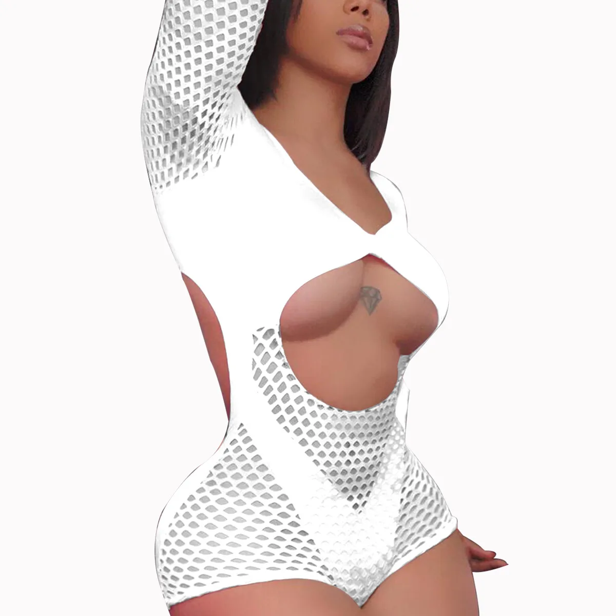 Hollow Out One Piece Thong Bikini Mesh Long Sleeve Swimwear