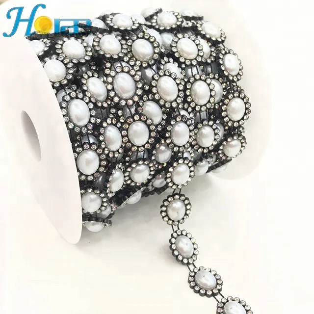 w004 Factory supply garment pearl beads plastic lace chain pearl rhinestone trim