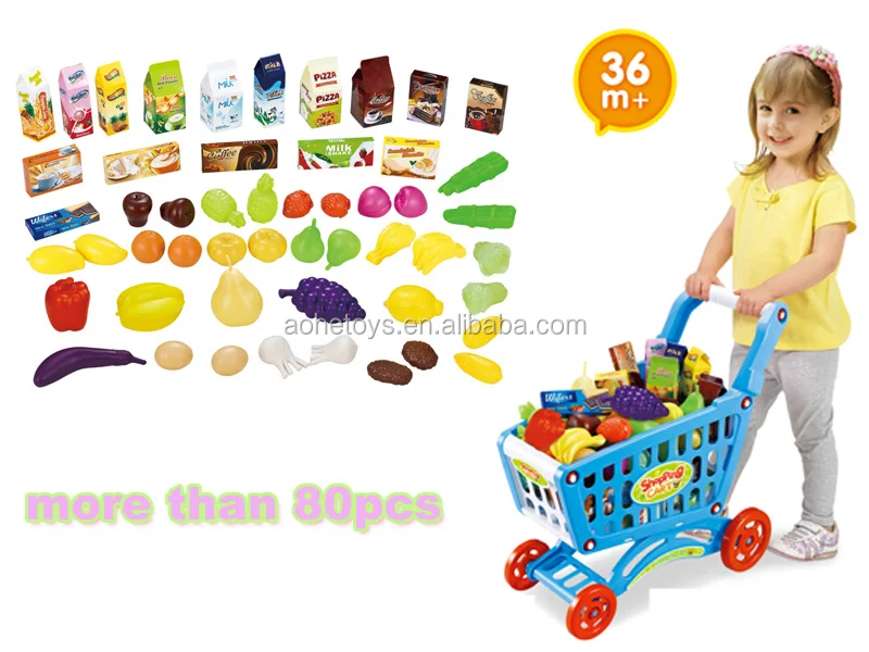 pretend play store game 80 pieces toy shopping cart  kid cargo carts set for Toddlers