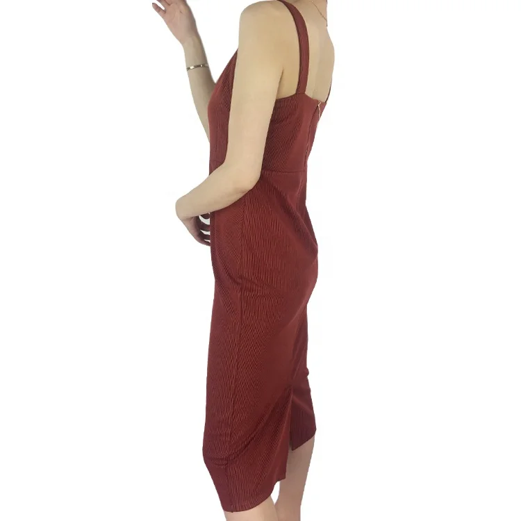 
jacquard spaghetti strap back zipper rust red split long dress 
