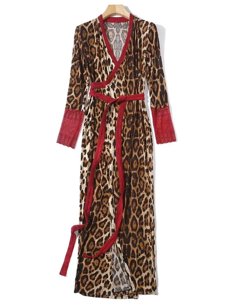 
European and American Women Fashion Red Lace Patchwork Open Stitch Sexy Leopard Maxi Dress 