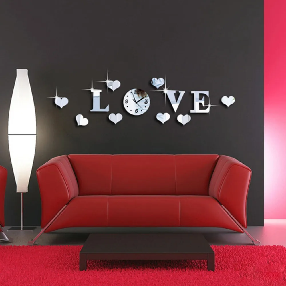 
Luxury Design Crystal Mirror Sticker Clocks Creative Love Heart Wall Clocks 