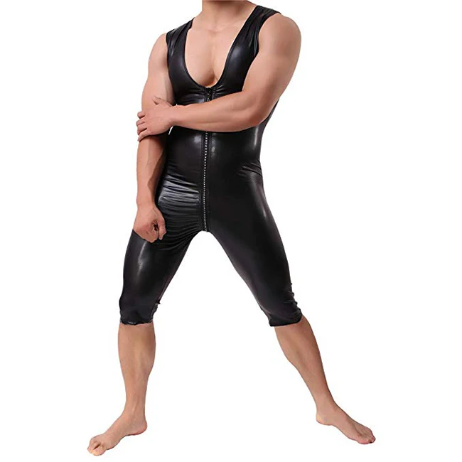 Mens Sexy PVC Leather short sleeves Catsuit Bodysuits Jumpsuit Black male Romper Adult Men
