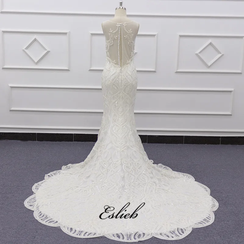 Eslieb SJ077 real photo champagne custom style luxury lace O-neckline zipper  wedding dress bridal mermaid