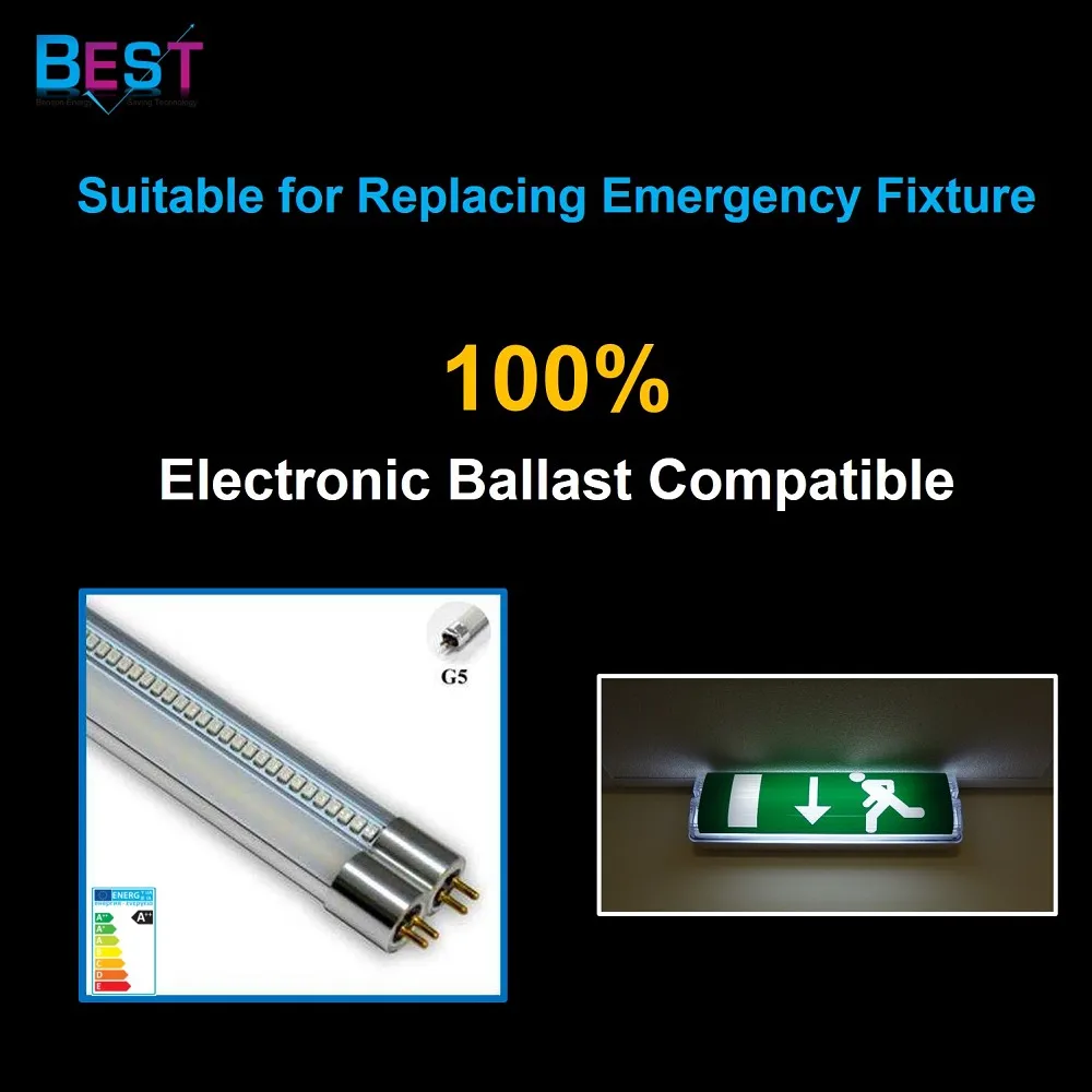 
BSET ballast compatible SHORT T5 LED retrofit tube with G5 base; also suitable for replacing T5 fluorescent emergency light 