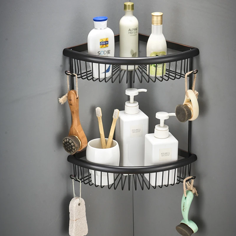 Wall Mount Brass Dual Tiers Shower Shelf Hanging Bathroom Corner Shelf Wire Shower Basket