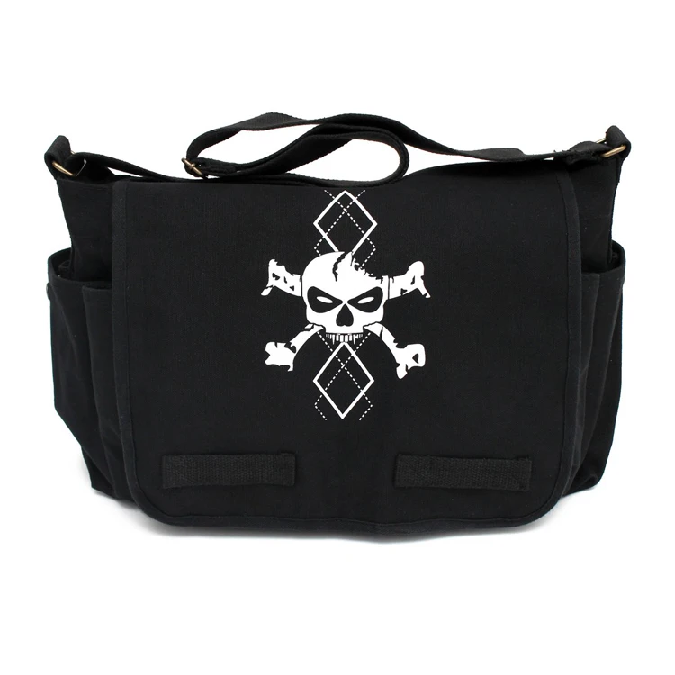 
Trendy Punk Rock Messenger Diaper Bag with White Argyle Skull 