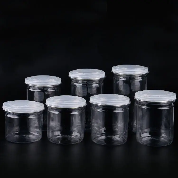 Factory price Eco-friendly food grade PET plastic unique candy food jars with aluminium lid