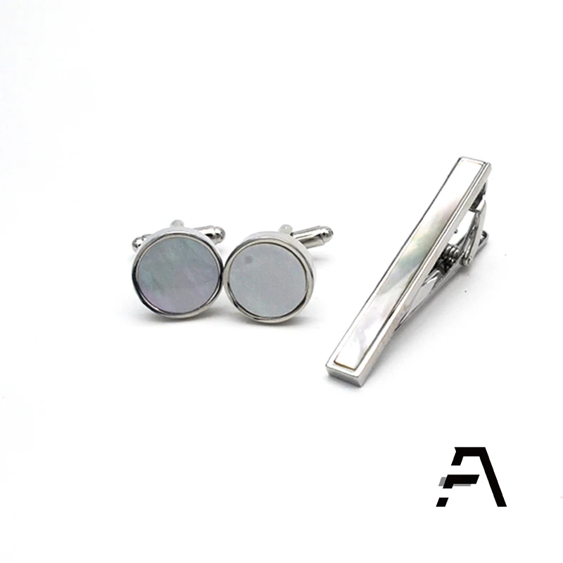 Jewelry Stainless Steel  Mother of Pearl cufflink and tie clip set