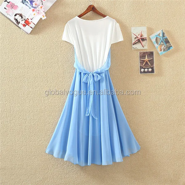 2016 new summer Korean round neck pleated chiffon A-line dress,fake two pieces shortsleeved chiffonwomen fashion dress