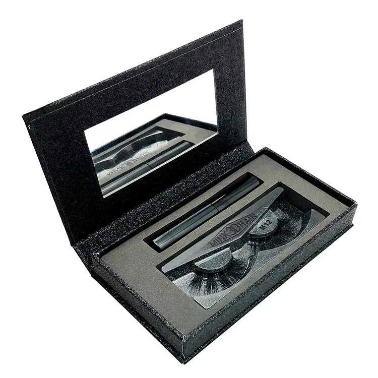 
Magnetic eyelashes case with mirror 100% Real Mink Fur Lash Package black glitter Eyelash Box OEM Custom Logo Packaging 