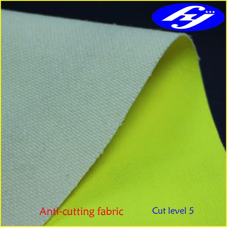 EN 388 cut level 5 plain weaving Kevlar fiber cloth with yellow color fluorescent PU coating