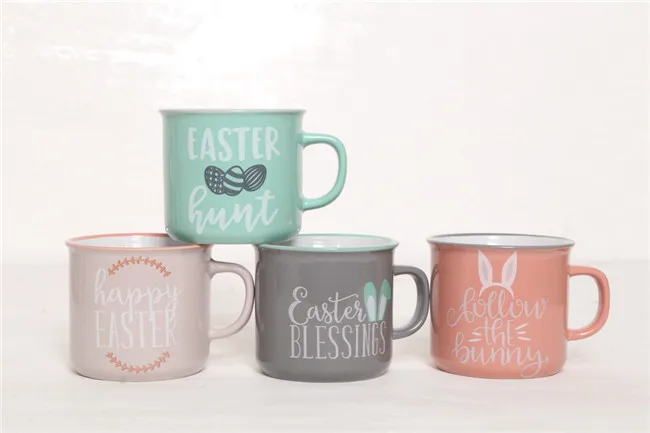 HG86-247 high quality emaille tasse promotional ceramic cup for easter goods 10OZ printed custom enamel mug with Easter decal