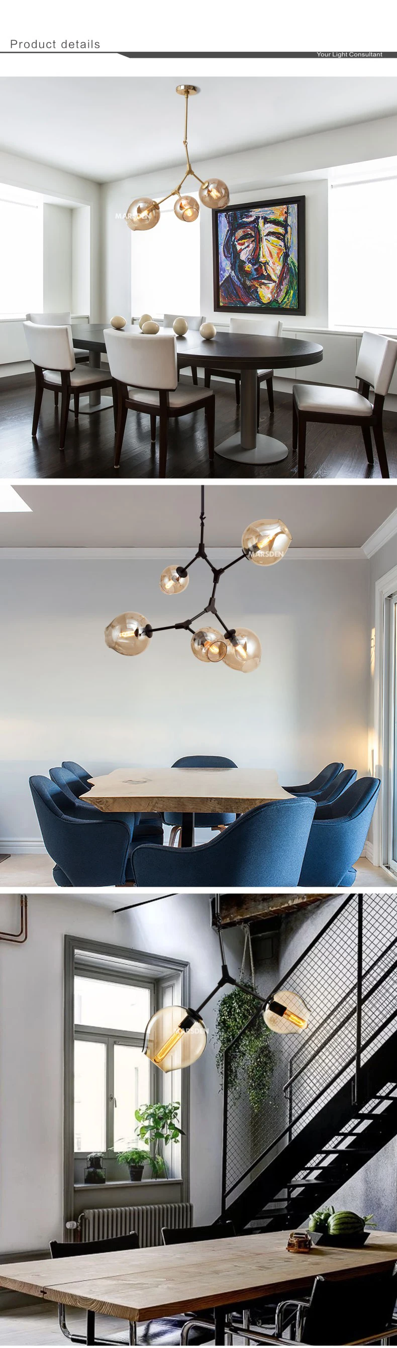MARSDEN high lumen lobby room suspension glass iron loft pendant lamp