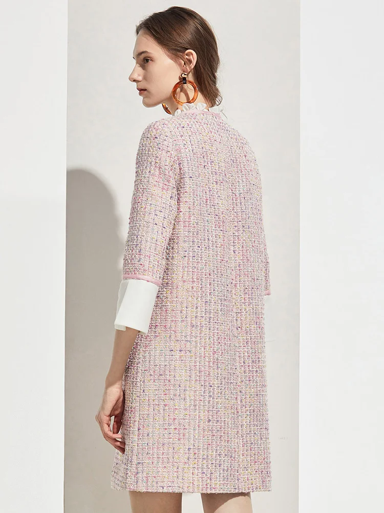 Office ladies Ruffle Round Neck Bell sleeves Pink Tweed knee-Length Fashion Dress