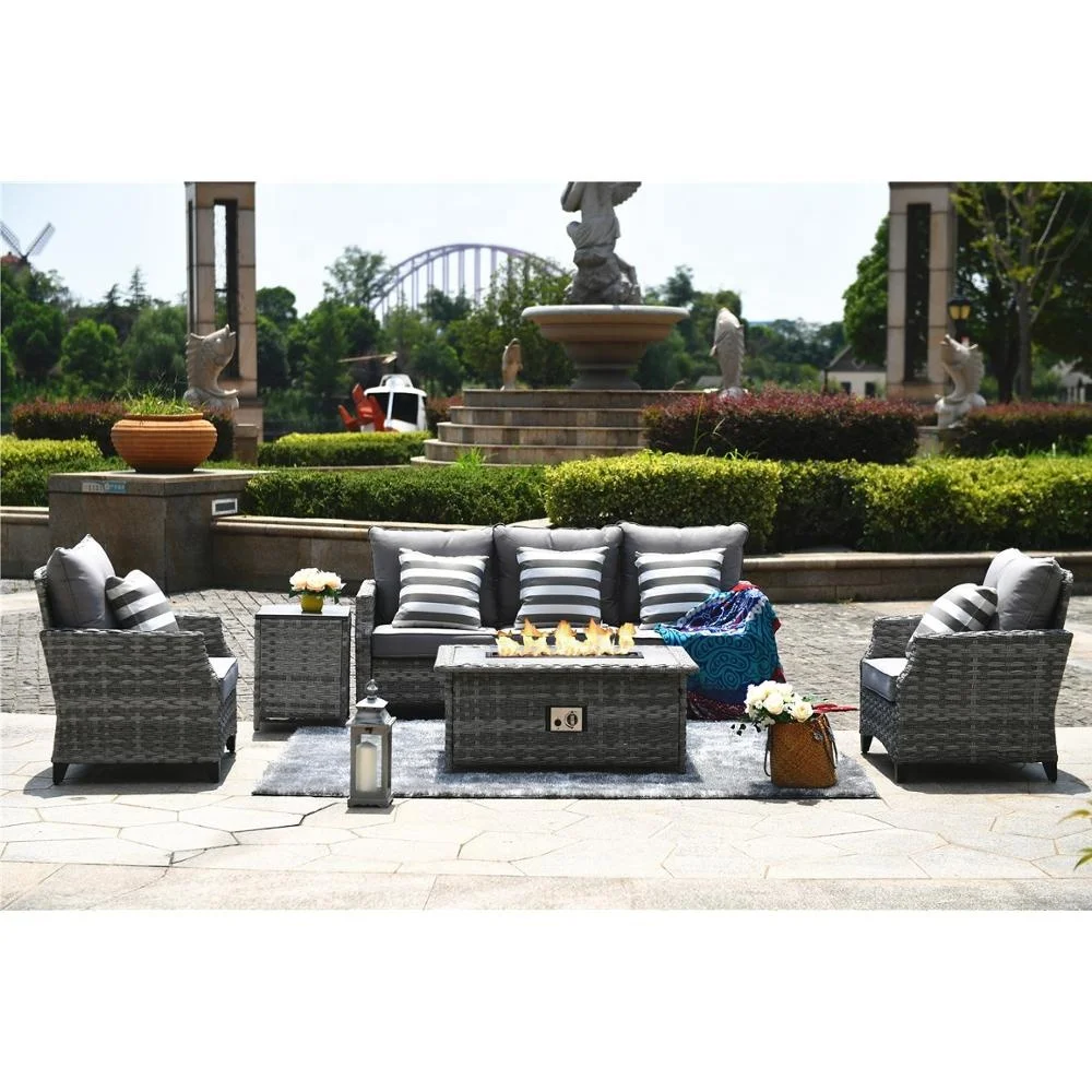 Modern Outdoor rattran furniture Garden Patio  Wicker Fire Pit Sofa Set