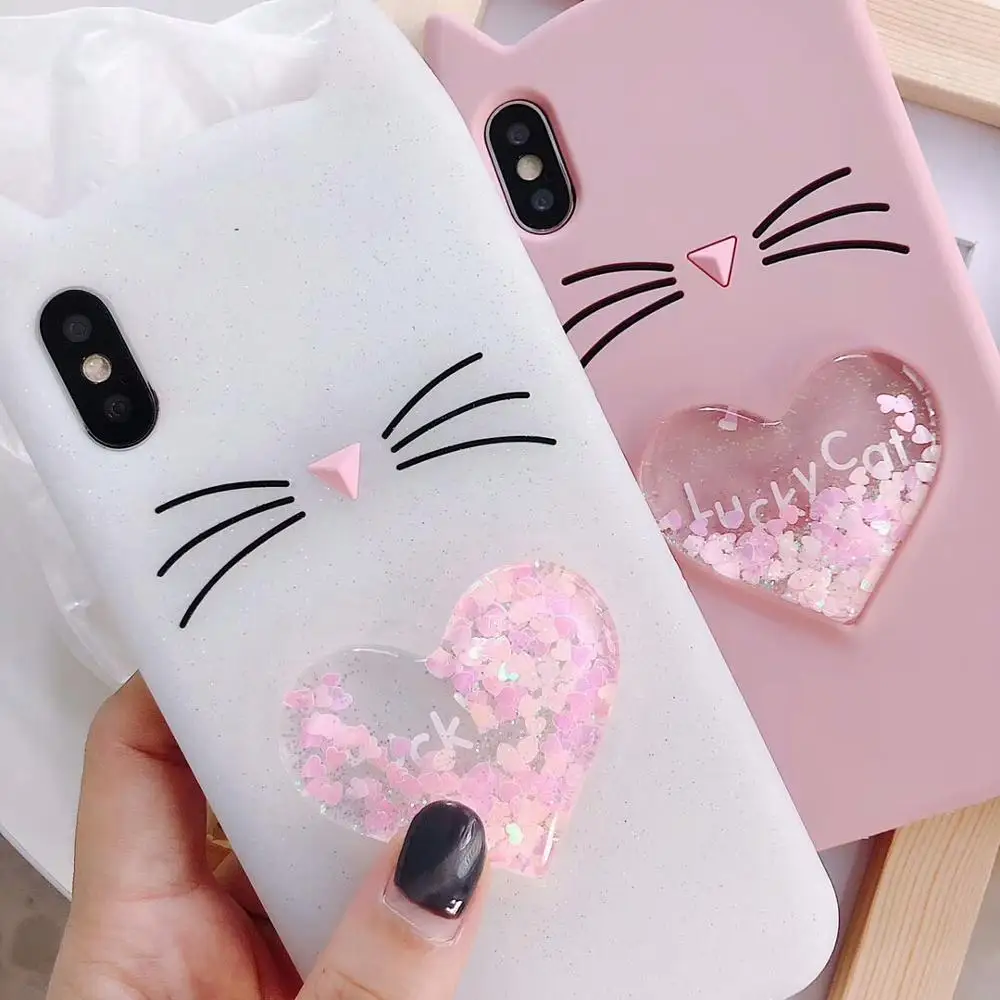  3d кошка с блестками жидким песком чехол для телефона iPhone 6 6s 6plus 7 7plus блестящий силиконовый мобильного X