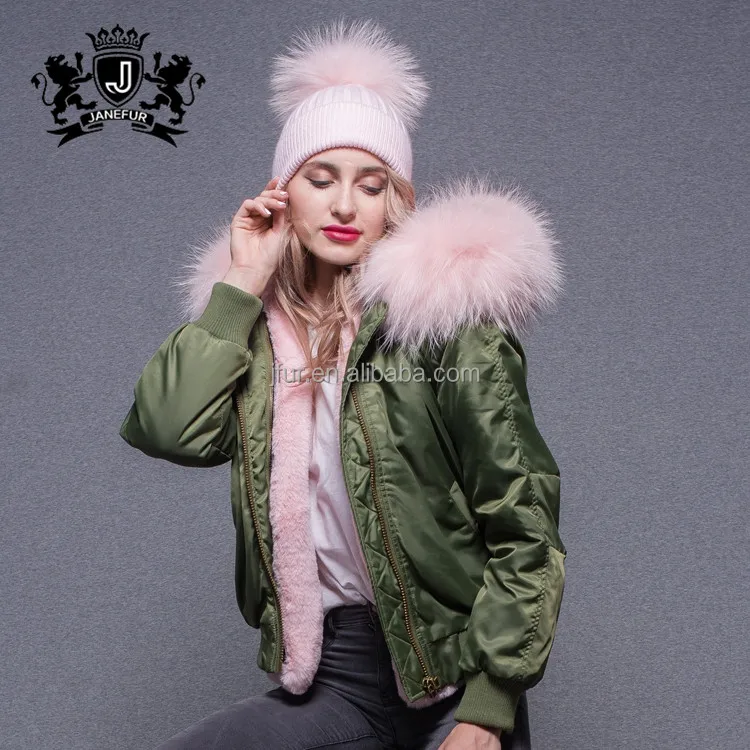 Hot sale new design celebrity raccoon fur parka thick warm winter  fur hooded bomber jacket womens