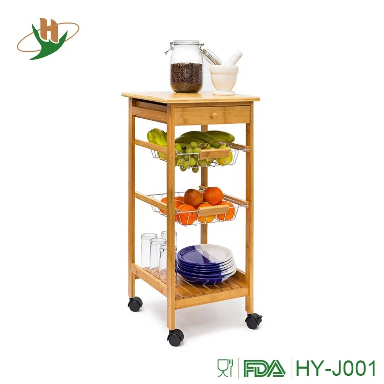 Home bamboo kitchen food delivery trolley with steel shelf