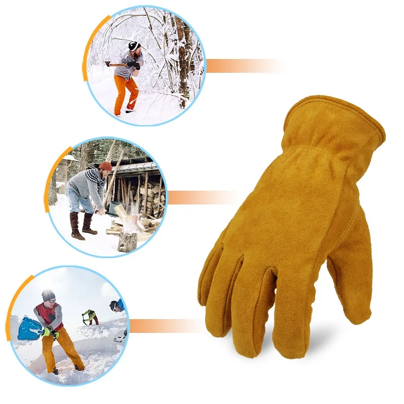 Yellow cow split leather mens winter work gloves warm