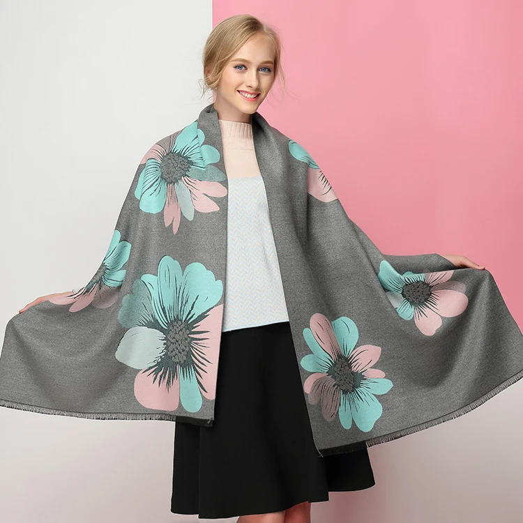 Double Sided Available Fashion Winter Pashmina Jacquard Scarf Big Flower Warm Wraps 100% Cashmere Shawl Scarf Women