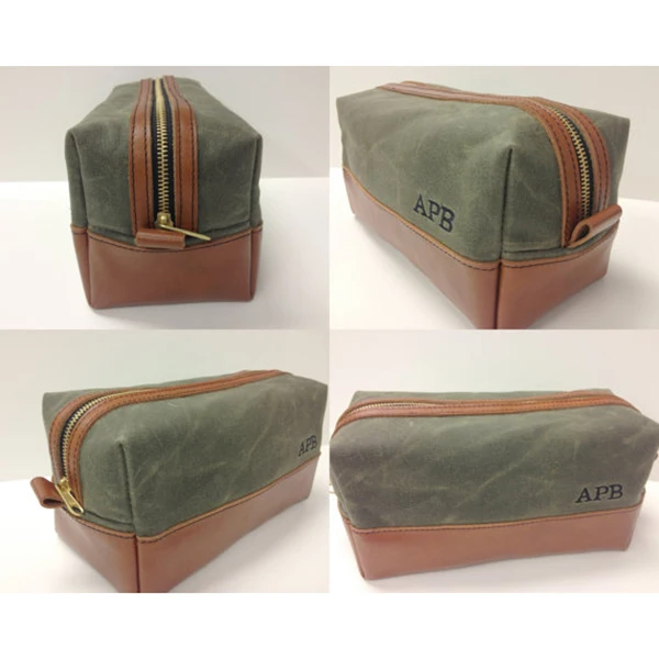 Leather Trim Waxed Canvas Men Toiletry Bag Shaving Dopp Kit 1 Jpg