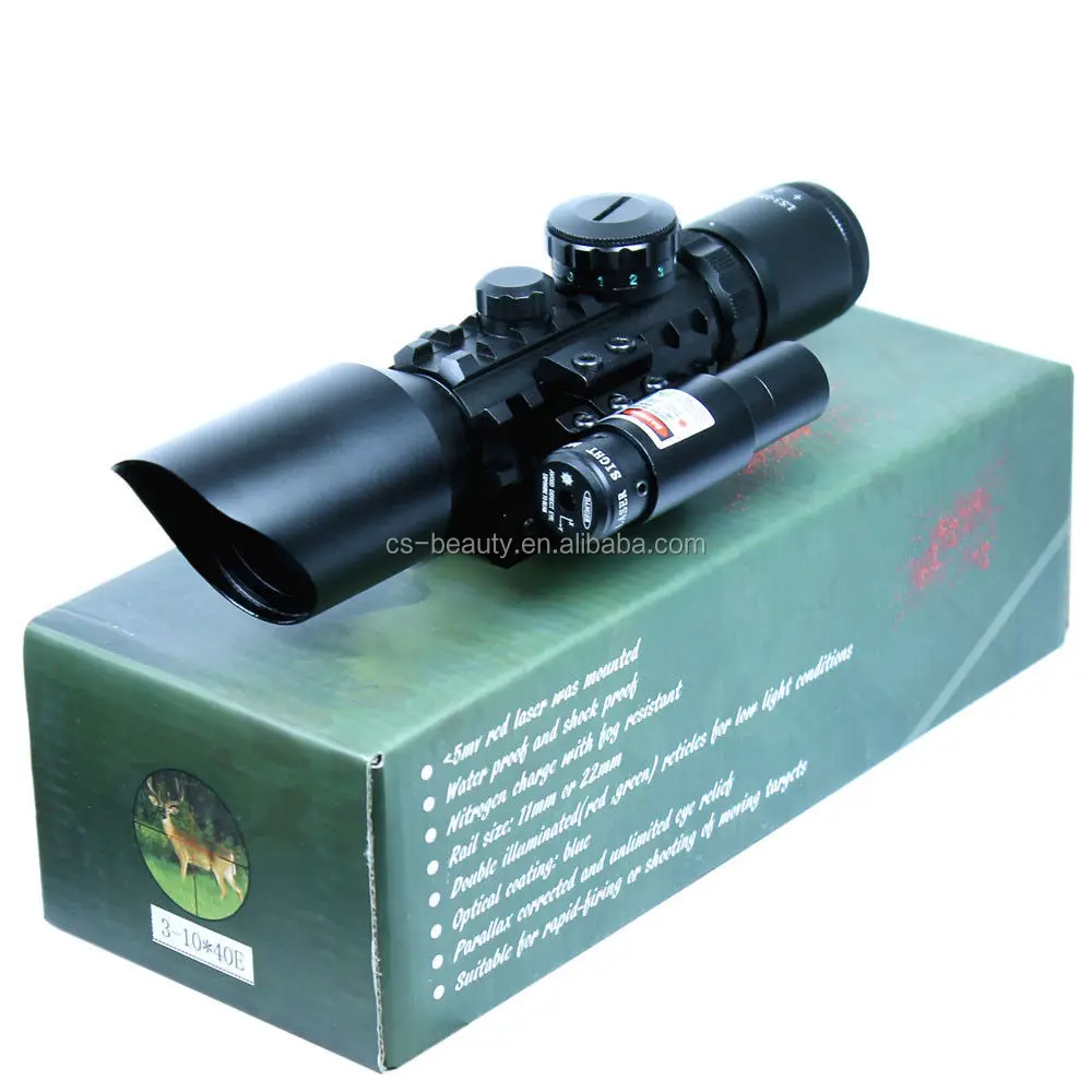 3-10x40 Tactical Rifle Scope Red Laser Dual illuminated Mil-dot w/ Rail Mounts Combo Airsoft Weapon Sight Hunting