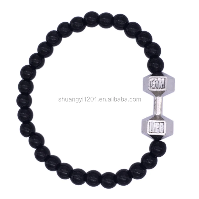 HUSURU Jewelry Handmade Beaded Elastic Gym Life Fitness Inspire Barbell Dumbbells Bracelets for Men
