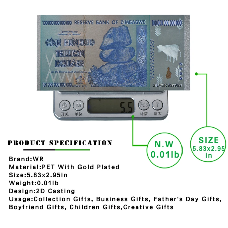 New Products Silver 999 Zimbabwe Banknote One Hundred Trillion Dollars Bill Money For Collection