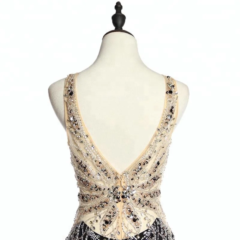 Round neckline backless ceremony wear sexy long black velvet evening dress