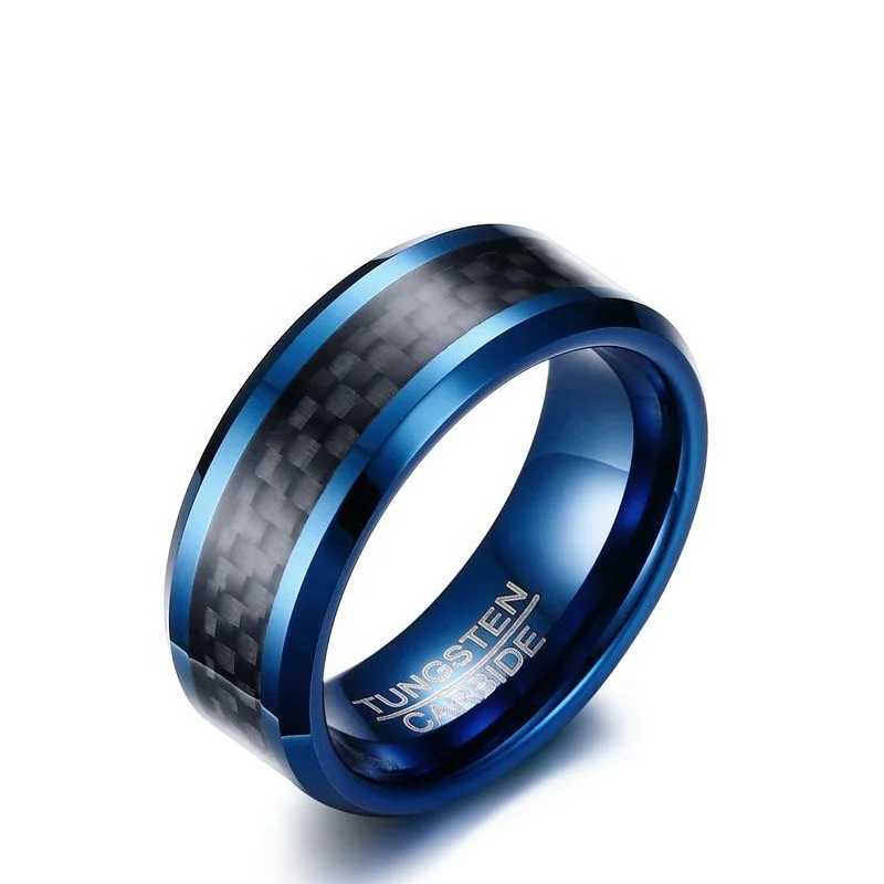 
In Stock Cheap 8mm Tungsten Carbide Ring Mens Blue Carbon Fiber 