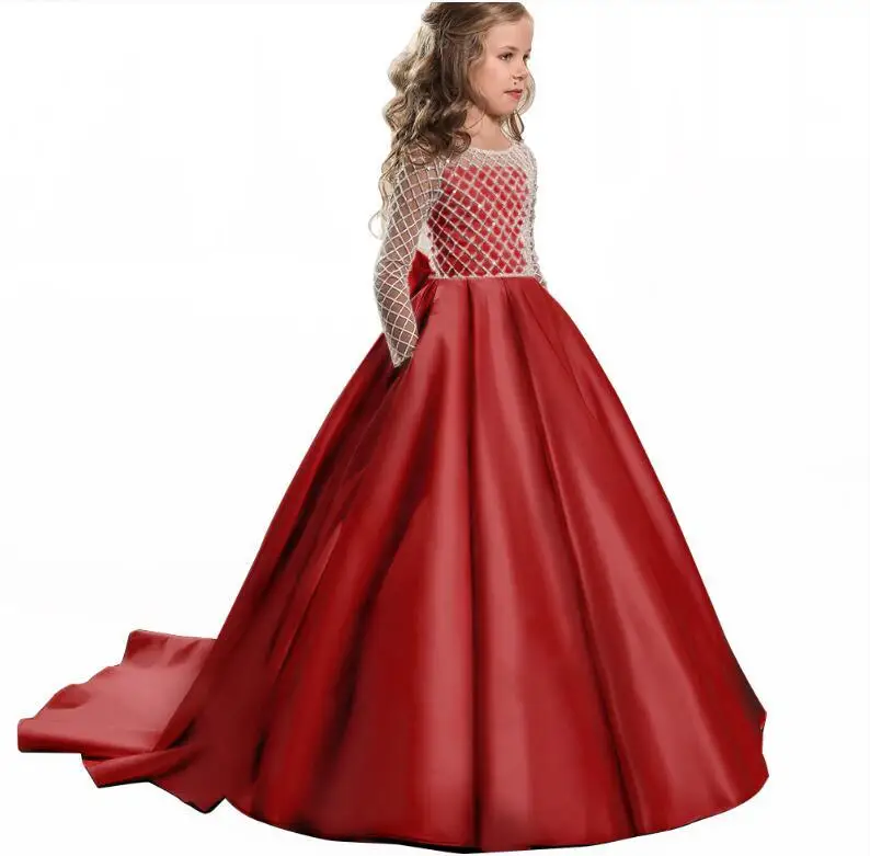 High Quality Lace Big Bow Pink Stain Little Girls Dresses For Wedding