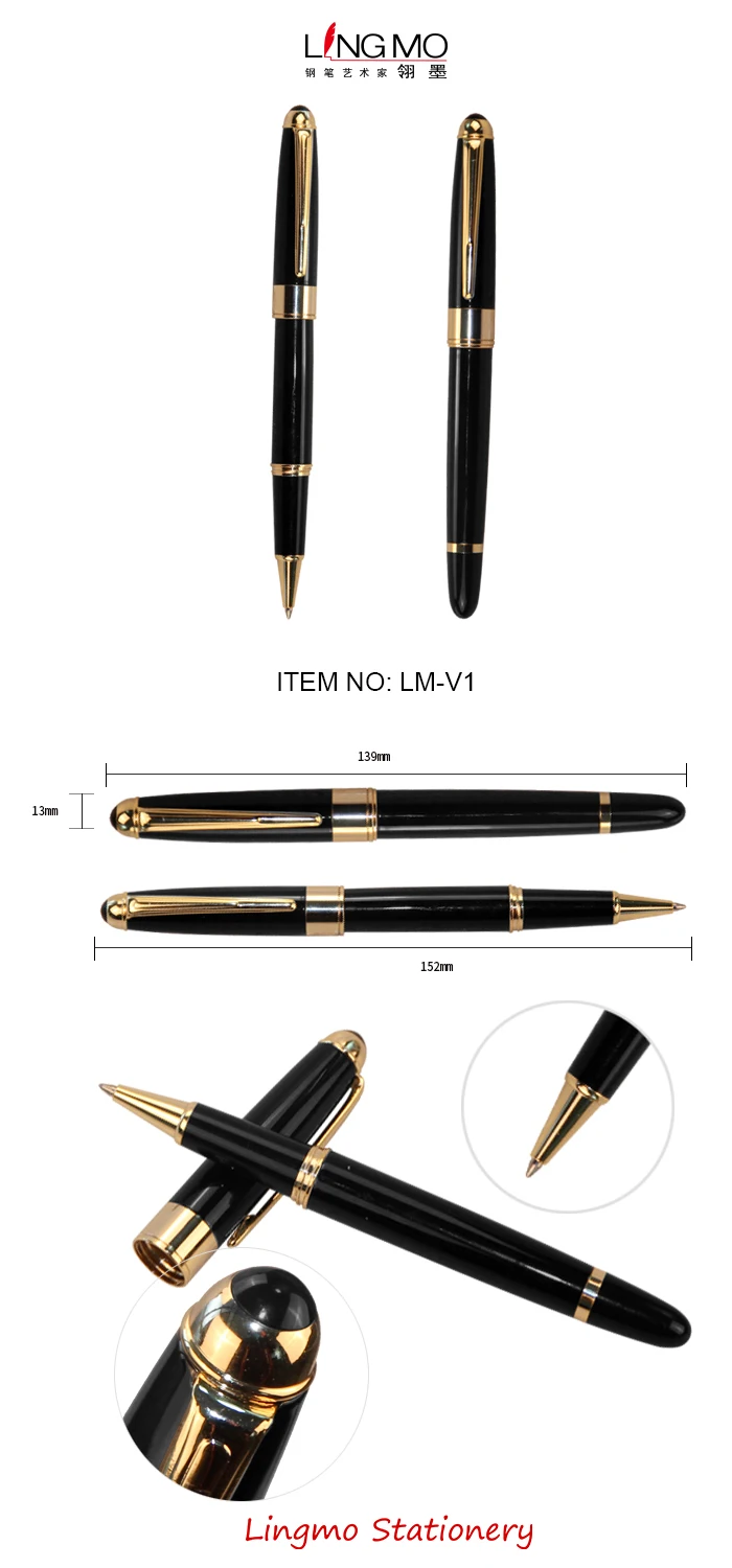 Lingmo High Quality Luxury Metal Rollerball Pen Black Gold with OEM Custom Logo