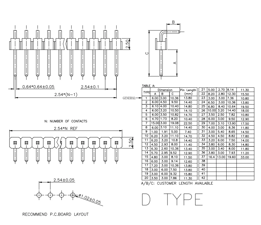 2.54mm special pin length male pin header SMT connector 2.54