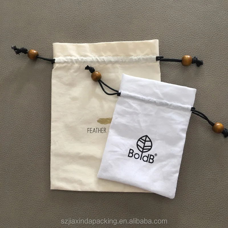 White Cotton Drawstring Pouch With Bead