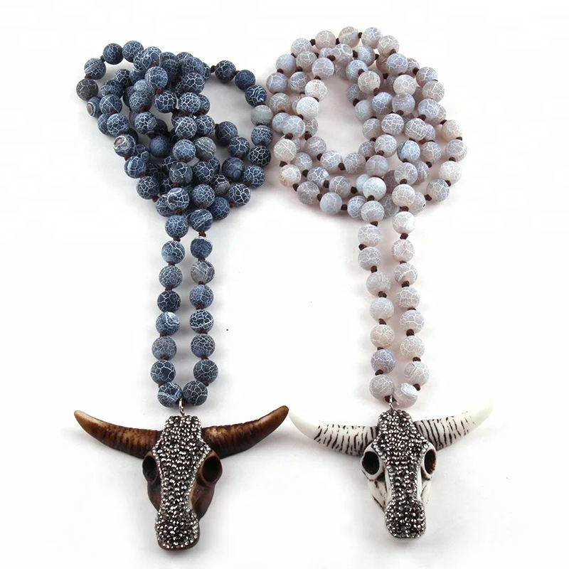 Fashion Long Knotted Weathered Stone Necklace Crystal Pave Bull Head Pendant For Women Ethnic Necklace  jewelry
