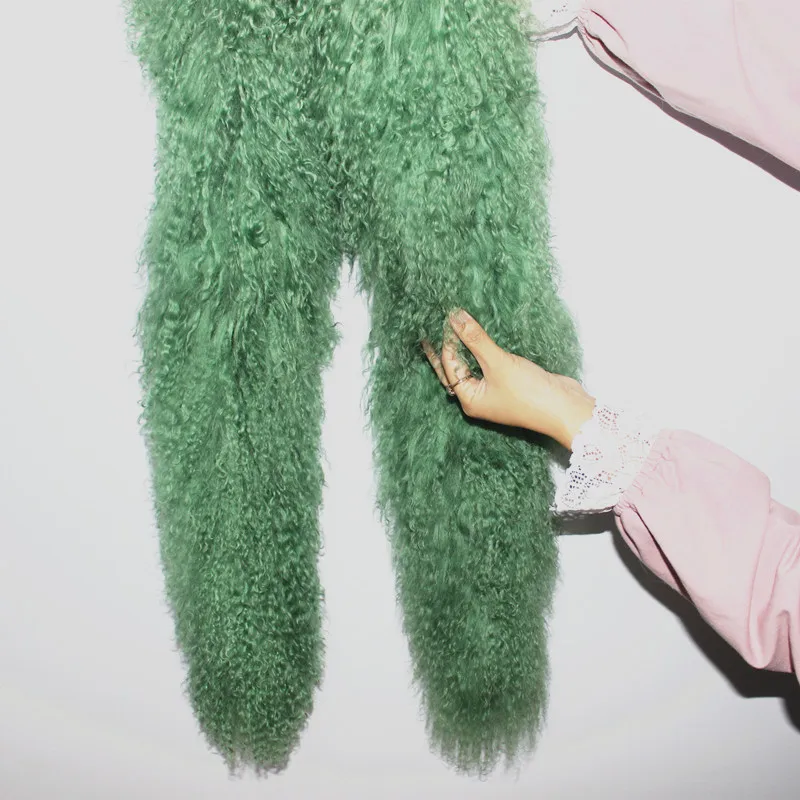 Real Green women leather scarf furry real mongolian fur scarf