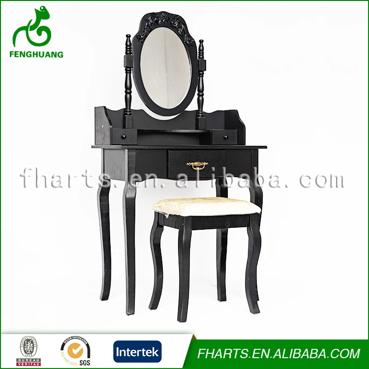 Modern Black Wooden 3 Drawer Dressing Table With Mirror