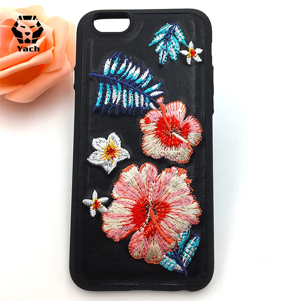 
China supplier oem customized colorful unique embroidered pink black import leather mobile accessories phone case cover 