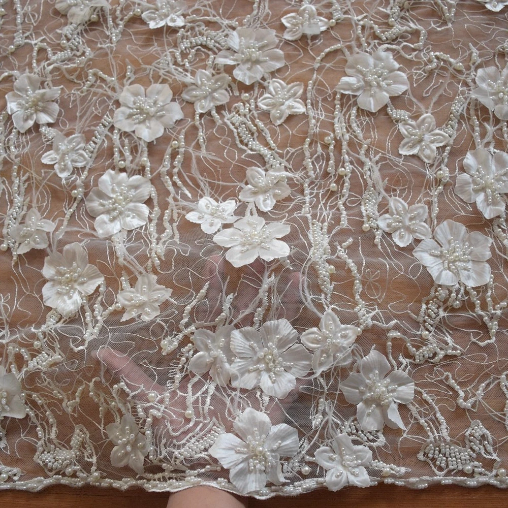 white color pretty bridal lace luxury 3d heavy beaded tulle lace with feather high quality french lace for wedding HY0735-1