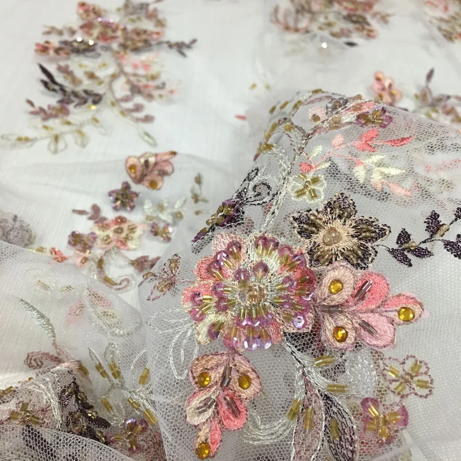 top end bridal beaded lace fabric with embroidery on mesh hand sequin and beaded tulle  lace fabric for party dress