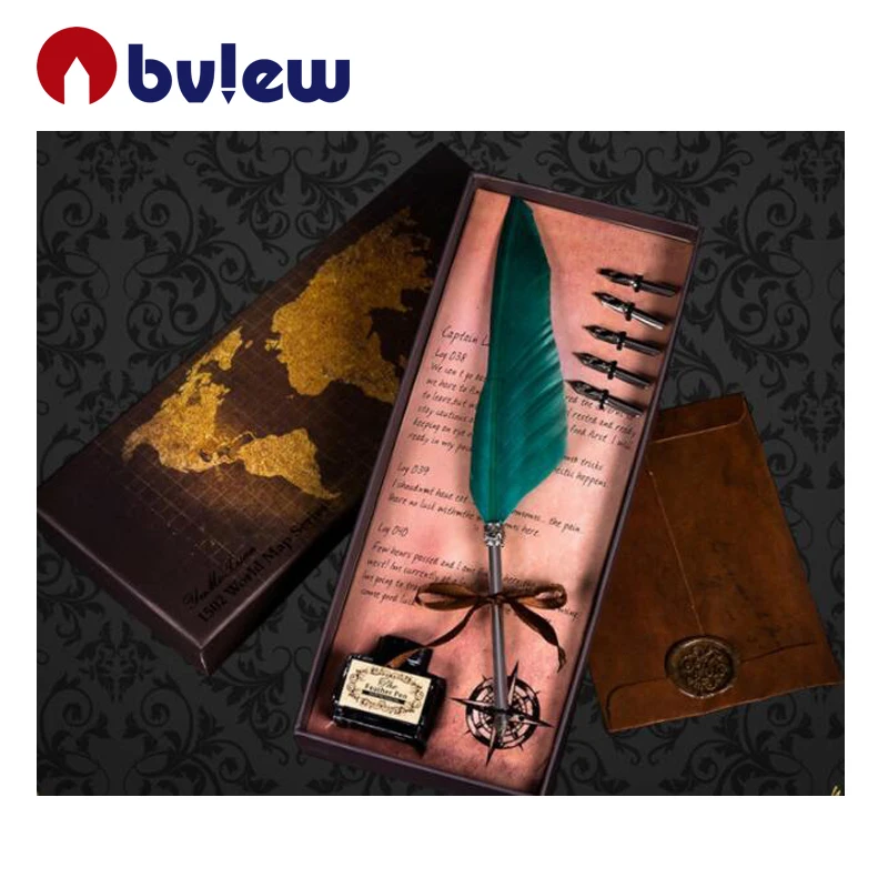 Bview Art 12 Colors Antique Copper Feather Pen with Ink and Steel Tips Calligraphy Quill Pen Gift Set For Drawing (60836933439)