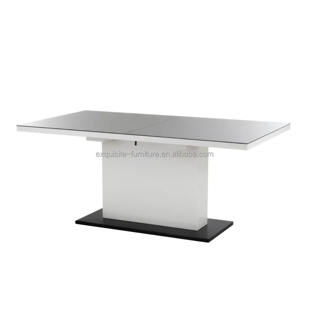 New design high gloss dinner table MDF wood panel 5mm black painted glass top metal base dinning table for sale
