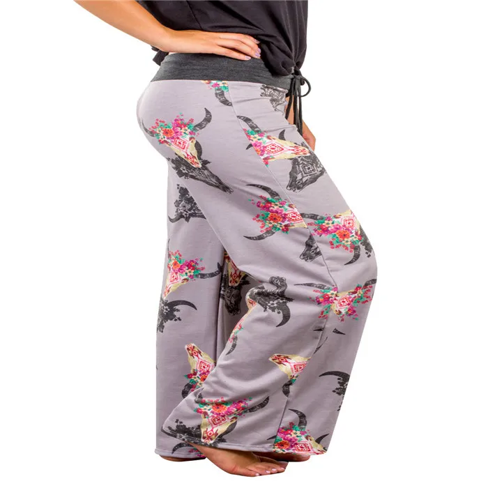 Wholesale Leisure Yoga Antlers Bull Head Print Wide Leg Pants