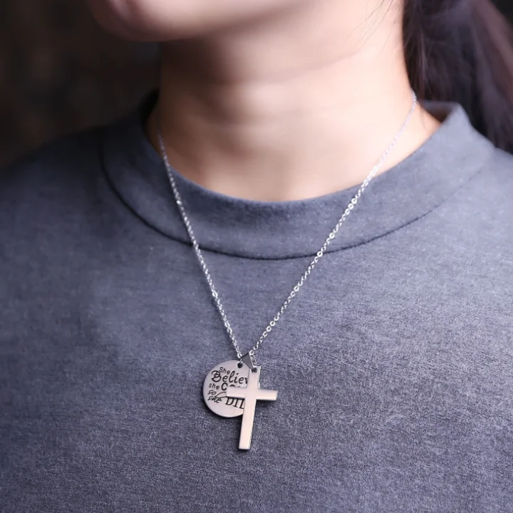 wholesale silver jewelry cross pendant necklace custom coin engraved she believe she could so she did necklace